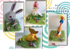 four pictures of stuffed animals in grass with eggs and an egg carton on the ground