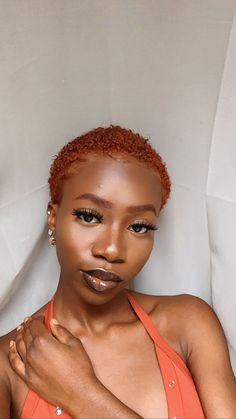 Ginger Haircut Black Women, Short Ginger Natural Hair Black Women, Ginger Low Cut Hair Black Women, Short Dyed Hair Aesthetic, Ginger Twa Hairstyles, Ginger Hair Black Women Natural Short, Short Ginger Hair Black Women, Short Copper Hair On Black Women