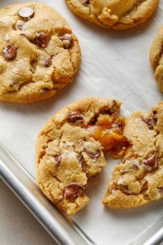 chocolate chip cookies are on a baking sheet