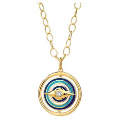 Created in 18 karat yellow gold Reversible evil eye pendant Azure blue, turquoise blue & white enamel Champagne diamonds 0.12 cts approx. (Diamond quantity - 2 pcs Total) Swivel mechanism to turn the evil eye versions Limited edition Chain sold separately About the Designers ~ Dharmesh & Namrata Drawing inspiration from little things, Dharmesh & Namrata Kothari have created an extraordinary and refreshing collection of luxurious jewels. True believers of destiny, they always feel that the possib Bleu Turquoise, Azure Blue, Monogrammed Items, Champagne Diamond, Blue Turquoise