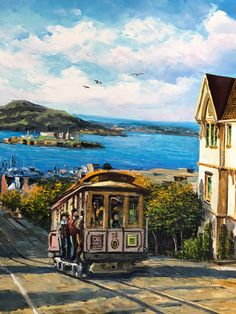 a painting of a cable car going down the tracks with people on it and an island in the background