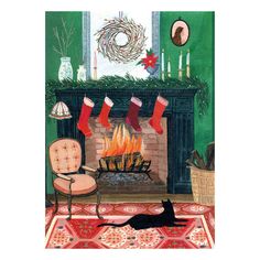 a painting of a fireplace with stockings hanging from it's mantle and a cat laying on the rug