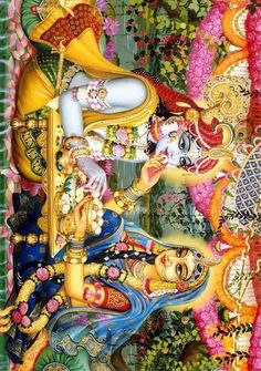 an image of hindu deities with flowers in the background