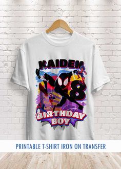 Amazing Spiderman Across the Spiderverse Birthday Shirt Iron on Transfer personalized for your boy&apos;s party . Printable design. Order now! Themed Graphic Print Shirt For Birthday, Spider Man Birthday Shirt Ideas, Superhero Graphic Print Tops For Birthday, Themed Graphic Print Birthday Shirt, Miles Morales Birthday Shirt, Spiderman Theme Shirts, Spider Man Birthday Shirt Vinyl, Spiderman Birthday Shirt Boys 4, Spidernan Birthday Shirt