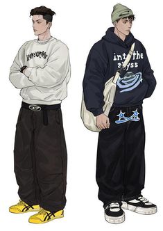 two young men standing next to each other wearing hoodies and sweatpants, with their arms crossed