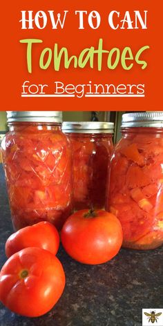 tomatoes in jars with text overlay that says how to can tomatoes for beginners