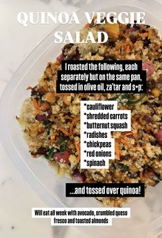 an image of quinoa veggie salad in a plastic container with instructions