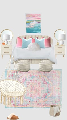 the bedroom is decorated in pastel colors and has a bed, rugs, lamps, and other accessories