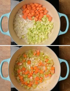 two pictures showing the process of cooking vegetables