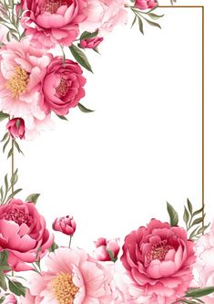 pink flowers with green leaves and gold frame