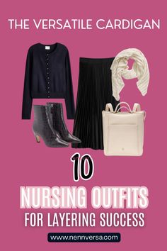 This blog post showcases 10 nursing-friendly outfits centered around the versatile cardigan. Learn how to layer this essential piece over your favorite tops and dresses to create stylish, comfortable looks that make breastfeeding easy while keeping you cozy and chic. Fall Clothing Essentials, Layering Ideas, Nursing Clothes, Clothing Essentials, And Dresses