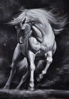 a black and white drawing of a running horse