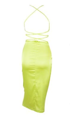 Watch Me Shine Neon Yellow Satin Sleeveless Spaghetti Strap Lace Up Ba – Indie XO Silk Party Midi Dress With Adjustable Straps, Silk Midi Dress With Adjustable Straps For Party, Sleeveless Satin Midi Dress With Satin Finish, Sleeveless Satin Dress For Club, Satin Halter Neck Dress For Spring, Spring Satin Halter Neck Dress, Fitted Knee-length Satin Dress For Summer, Summer Satin Dress For Date Night, Party Satin Midi Dress With Spaghetti Straps