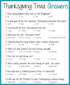 the thanksgiving trivia answer sheet is shown in blue and white with black writing on it