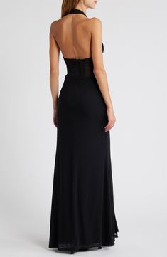 Turn heads in this sultry night-out gown designed in a sleek halter silhouette with a mesh bodice and structured boning. Halter neck Lined 95% nylon, 5% spandex Hand wash, line dry Imported Black Halter Neck Dress, Halter Gown, Black Halter, Halterneck Dress, Classy Dress, Halter Neck, What To Wear, Bodice, Night Out