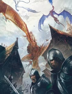 two men in armor standing next to each other with dragon flying over their heads and buildings behind them