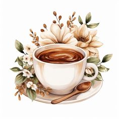 there is a cup of coffee and spoons on the saucer with flowers around it