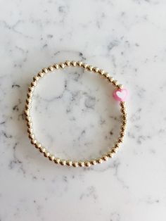 4mm 14k gold filled bracelet pink and white heart Star Bracelet, Pink Bracelet, White Heart, Heart Bracelet, Pink And White, Arm Band, Favorite Jewelry, Gold Filled, Jewelry Bracelets