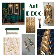 art deco collage with green chairs and gold accents in various colors, including fur