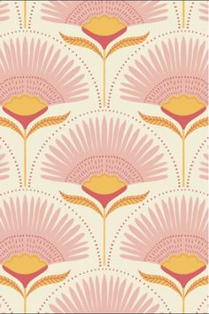 an art deco wallpaper with pink and yellow flowers on white background, in the style of art deco