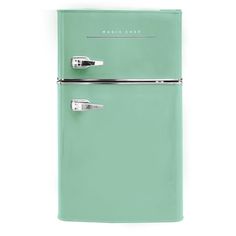 a green refrigerator freezer sitting on top of a white wall