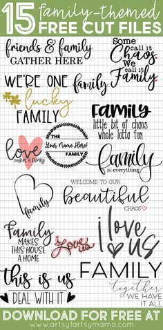 a poster with the words family and friends written in different font styles, including one for each