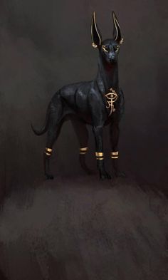 a black dog with gold horns standing on top of a dirt field in front of a dark background