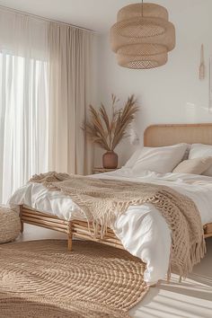 a bedroom with wicker bedding and white linens on the floor, large windows in the background