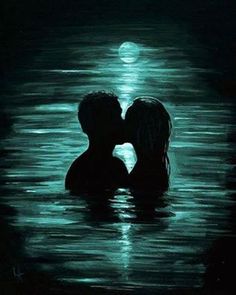 a painting of two people kissing in the water at night with a full moon behind them