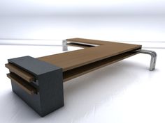 a wooden table with metal legs on it