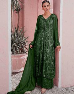 Bottle Green Sharara style Suit Faux Georgette Salwar Kameez in Embroidery, Sequins & Lace Work:Arabic Attire #newfashionladiessuit #buysalwaronline #salwarsonlineshopping #cheapindiansalwarkameezonline #salwarandchuridar #salwaronlineshopping #onlineindiansuits #dresssuitforgirls #ladiesdesigner #mirasuits #salwarkameezneckdesignsforstitching #indiansalwarkameezforsale #latestladiessuit #latestsalwarfashion Green Sharara, Georgette Palazzo, Palazzo Style, Latest Salwar Kameez, Kameez Designs, Pakistani Salwar, Pakistani Suit, Punjabi Outfits, Georgette Dupatta