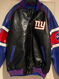 New York Giants Faux Leather Jacket NFL official team apparel New Size L New York Giants Ornament, Nfl New York Giants, Ny Giants, Team Apparel, Faux Leather Jacket, New York Giants, Faux Leather Jackets, Nfl, Mens Jackets