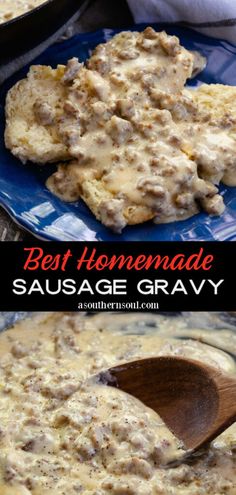 sausage gravy in a skillet with a wooden spoon on the side and an image of meat homemade