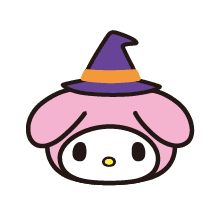 a hello kitty with a purple hat on it's head