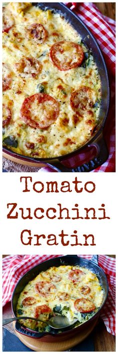 tomato zucchini gratin in a cast iron skillet