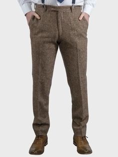 Fresh take on tweed – a classic fall staple Flat front styling Lining to the knee Quarter-top pocket; button-through back pockets Made in Italy 100% wool Dry clean only Mens Wool Pants, Sky Blue Suit, It Nails, Brown Tweed Suit, Tweed Men, Overcoat Men, Donegal Tweed, Tweed Waistcoat, Tweed Pants