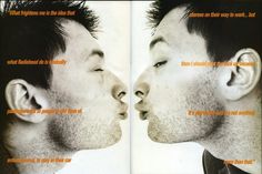 an image of a man kissing another man's face with words on the side