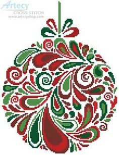 a cross stitch christmas ornament in red, green and white with a black border