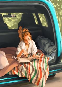 a painting of a girl reading in the back of a truck