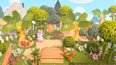 an animal crossing a path in the middle of a garden with trees and flowers on both sides