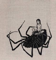 a drawing of a woman sitting on top of a spider