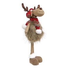 a stuffed animal is wearing a red and white sweater with reindeer antlers on it's head