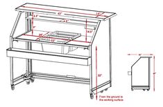 the drawing shows an open cabinet with drawers and shelves on wheels, as well as measurements for