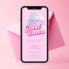 Good Times Groovy Pink Birthday Party Invitation Disco Ball Birthday, Party Disco Ball, Pink Birthday Party Invitations, Pink Disco Ball, Retro Wedding Invitations, Wedding Announcement Cards, Template Birthday, Pink Birthday Party, Ball Birthday