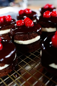 chocolate cupcakes with cherries are cooling on a rack