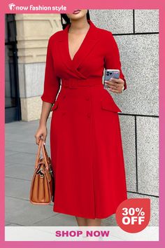 knowfashionstyle Red Turn-back Collar 3/4 Sleeve Buttons With Belt Long Formal Office Lady A Line Maxi Dress Formal Office, A Line Maxi Dress, Red Details, Denim Jacket With Dress, Long Red Dress, Lace Dress Long, Straight Dress, Formal Dresses For Women, Long Sleeve Lace Dress