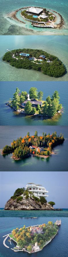 four different islands in the ocean with trees and buildings on them, one island is surrounded by