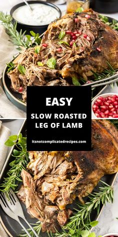 slow roasted leg of lamb on a platter with pomegranates and garnishes