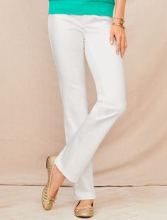 A modern silhouette with a narrow knee and slightly wider hem. Our subtle boot is now offered in a wear-with-everything white denim. Soft and slenderizing, this must-have jean is effortlessly versatile and all-figure flattering. It's an undeniable closet essential! If you have an hourglass figure, try our High-Waist Barely Boot Jeans - Curvy Fit/White. Features Bootcut Full length High waist Fly front with button closure Available in Curvy fit Imported Fit: Inseam: Misses: 32"; Misses Long: 35"; Talbots Summer, White Slacks, Tall Pants, Boot Jeans, Classic Style Women, Curvy Jeans, Boot Cut Denim, Best Jeans, Petite Fashion