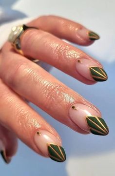 Olive Green French Press on Nails Almond Fake Nails Short Acrylic Nails with Gold Line Designs Green And Gold Nail Designs Short, Black Green Gold Nails, Wedding Nails Green, Green Almond Nails Designs, Green And Gold Nail Designs, Olive Green Nail Designs, Green Gold Nails, Green And Gold Nails, Olive Green Nails